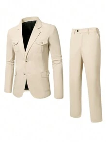 Calvornis Men's Plus Size Flat Collar Front Button Long Sleeve Top And Pants Suit - Ginger - View 1