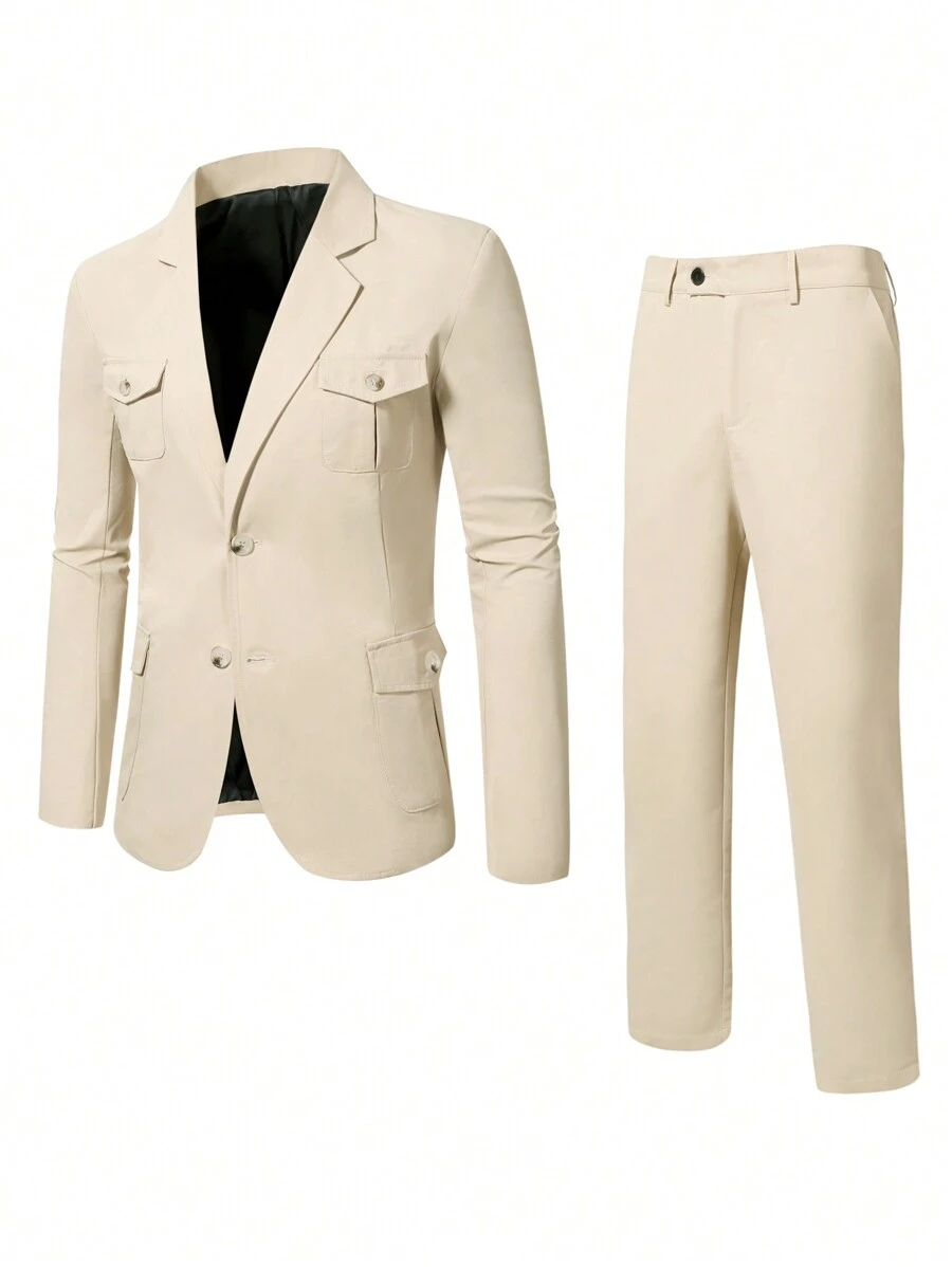 Calvornis Men's Plus Size Flat Collar Front Button Long Sleeve Top And Pants Suit - Ginger - View 1