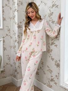 Conjunto de pijama de manga larga con parte superior y pantalones con estampado floral y decoración de moño para mujeres - Multicolor - Ver 1