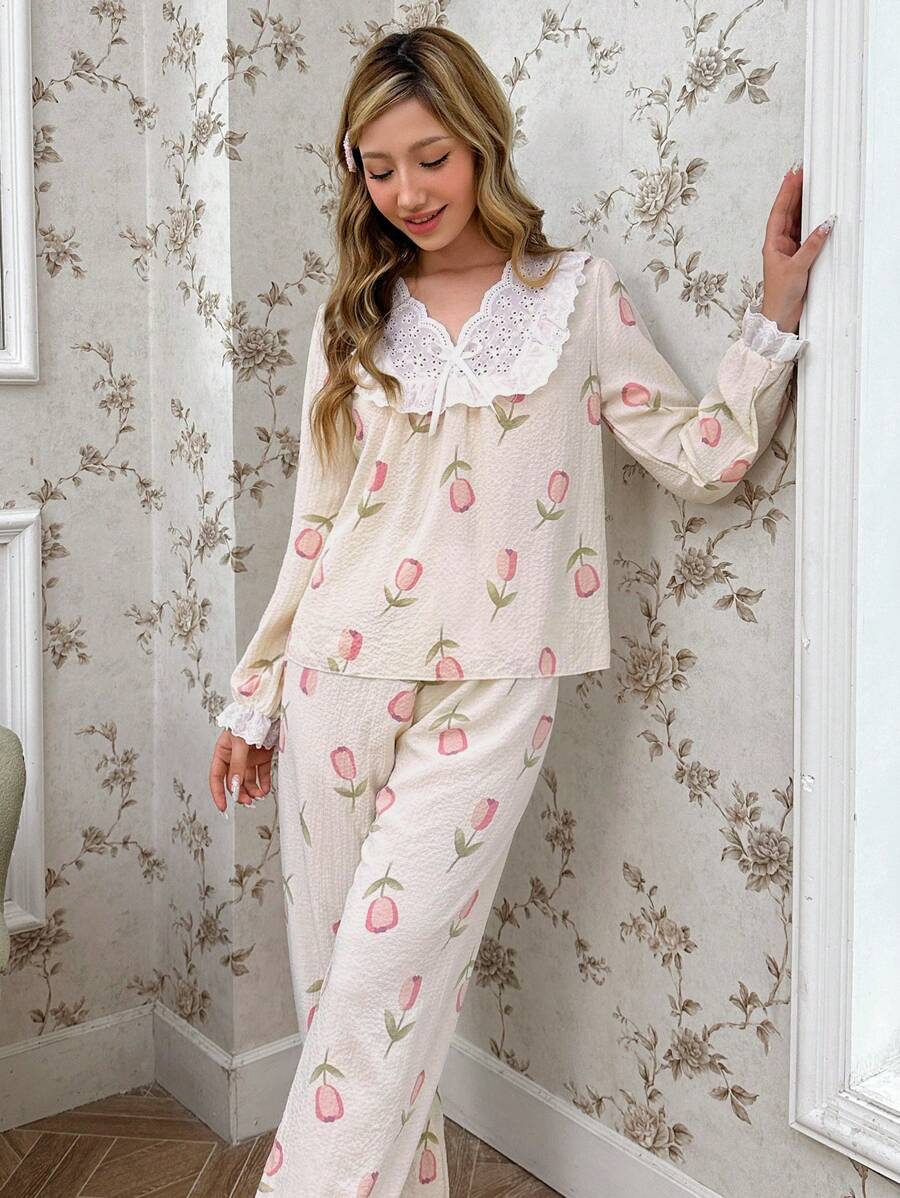 Conjunto de pijama de manga larga con parte superior y pantalones con estampado floral y decoración de moño para mujeres - Multicolor - Ver 1