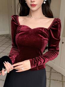 DAZY Women's Elegant Solid Color Puff Sleeve Thermal Lined Shirt, Autumn Long Sleeve Top