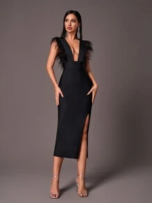 Glamrae 优雅深 V 领羽毛装饰高腰修身紧身绷带礼服，黑色舞会晚礼服，适合婚礼嘉宾、毕业典礼、晚宴
