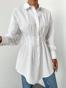 EURMUSE Cotton Drop Shoulder Fold Pleated Curved Hem Shirt - White - View 3