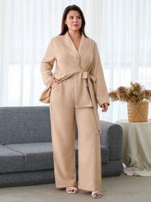 SHEIN Cottnline PLUS WOMEN COMFORT BEIGE TWO PIECES - Beige - View 6