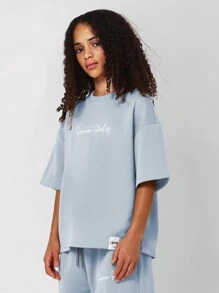 SUMWON Tween Girls Oversized Fit Elbow Sleeve Tee And Straight Fit Sweatpants With Embroidery 2 Piece Set - Blue - View 3
