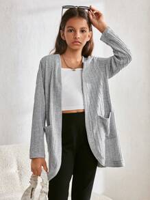 Tween Girl Loose Casual Textured Floral Gray Knit Cardigan Jacket - Light Grey - View 4