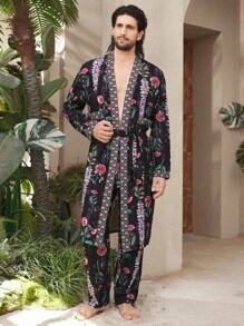 Manfinity Underwear&Sleepwear Basics 男式全图案印花拼布长袖衬衫和裤子家居服套装 - 彩色 - 查看 1