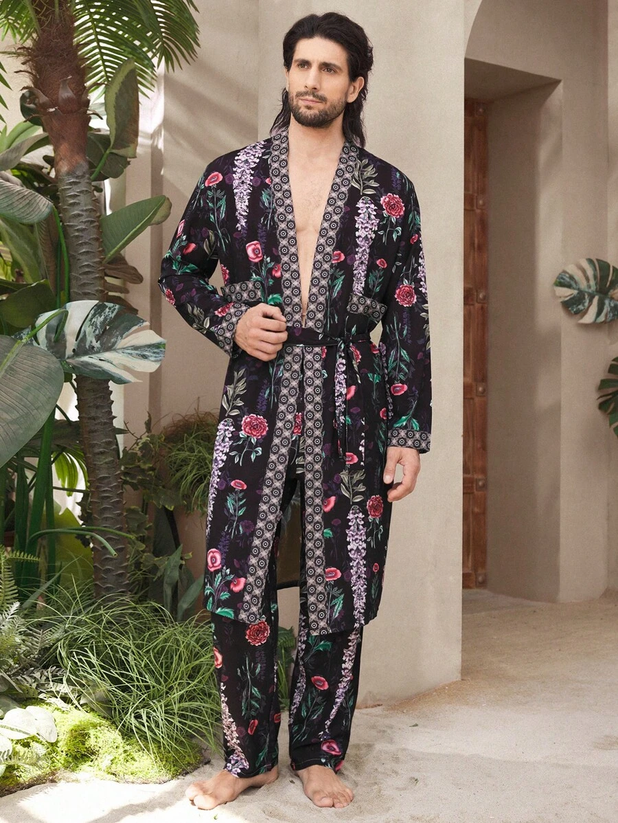 Manfinity Underwear&Sleepwear Basics 男式全图案印花拼布长袖衬衫和裤子家居服套装 - 彩色 - 查看 1