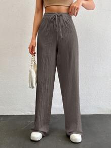 SHEIN Tall Tall Women's Solid Color Long Waist Drawstring Pants - Chocolate Brown - View 3