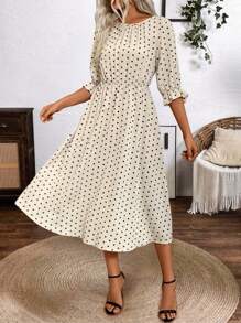 SHEIN LUNE Đầm chấm bi thanh lịch và thoải mái cho nữ có eo thắt rộng, tay giữa và váy chữ A Maxi dành cho nữ - Nhiều màu - Xem 4