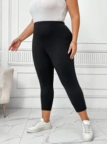 SHEIN CURVE+ 大码纯色高腰紧身裤，黑色，超强弹性，适合运动/休闲 - 黑色 - 查看 4