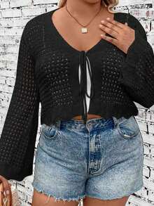 SHEIN LUNE Áo cardigan dài tay màu trơn có dây buộc phía trước dành cho nữ cỡ lớn cho mùa xuân/hè - màu đen - Xem 4