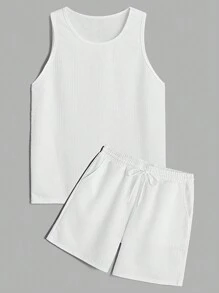 Manfinity Homme Hombre camiseta de tirantes y pantalones cortos con cordón en la cintura de color sólido - Blanco - Ver 1