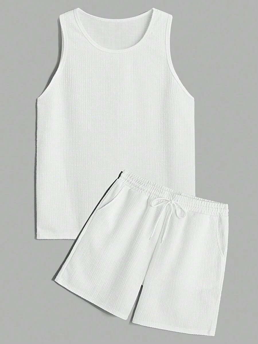 Manfinity Homme Hombre camiseta de tirantes y pantalones cortos con cordón en la cintura de color sólido - Blanco - Ver 1