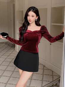 DAZY Women's Elegant Solid Color Puff Sleeve Thermal Lined Shirt, Autumn Long Sleeve Top