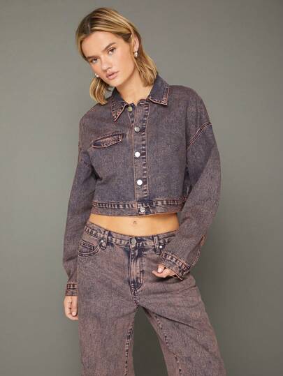 WESTFADE Winter Jacket Premium 100% Cotton Denim Acid Wash Button Front Long Sleeve Boxy Cropped Jacket