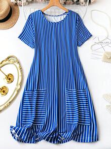 大码圆领短袖条纹口袋设计宽松休闲优雅连衣裙，适合夏季 - 藍白色 - 查看 1