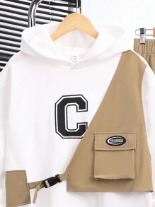 SHEIN 2pcs Teen Boys' Casual Khaki Vest With Multi-Pockets And White Hooded Printed Sweatshirt With Thermal Lined , Plus Khaki Jogger Cargo Pants. Suitable For Fall, Winter, Sports, Camping, Hiking, Daily Wear - Multicolor - View 9