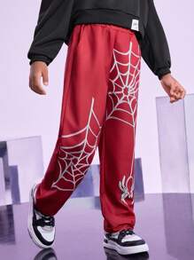 SHEIN 男童休闲蜘蛛印花裤 - 酒紅色 - 查看 3