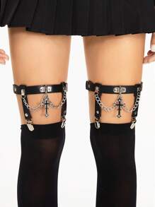 ROMWE 2pcs Women's Set Black Rhinestone Cross Chain Decoration Gothic Style Decorative Garter Leg Warmer, Daily Outfit - Black - View 2