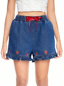ROMWE Kawaii Summer Casual Strawberry Embroidered Tie Decor Ruffle Hem Denim Shorts