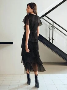 MOTF STUDIO MESH OVERLAY RUFFLE TRIM LAYERED HEM PLEATED LONG DRESS