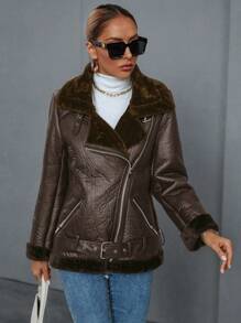 SHEIN Privé Women's Vintage Style Stand Collar Zip-Up Long Sleeve Charming Jacket Faux Leather Aviator Jacket With Borg Lining 