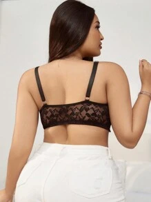 Front Hook-And-Eye Closure, Easy To Wear & Take Off, Lace, Floral, Mature Charm, Elegant, Comfortable 3/4 Cup Wire Bra & Wireless Bra, Plus Size - Black - View 2