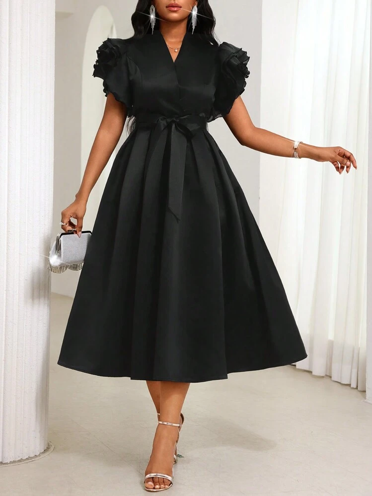 SHEIN Lady Women's Elegant Black V-Neck Ruffle Sleeve Pleated Mid-Length Dress - Black - View 3