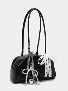 ROMWE Kawaii Women Retro Sweet Plaid Bow Decor Cherry Heart Shoulder Underarm Bag With Multi Pockets Boston Handbag, School - Black - View 2