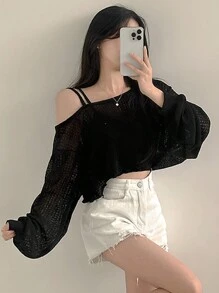 DAZY 女士纯色不对称领长袖短款宽松 T 恤，春夏