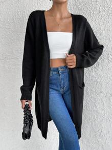 SHEIN PETITE 女士纯色休闲宽松黑色带口袋毛衣开衫 - 黑色 - 查看 3