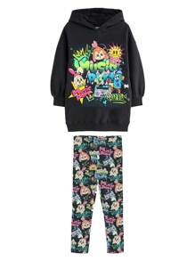 Kapuzenpullover mit Graffiti-Karo-Print und Leggings mit Vollgrafik für Tween-Mädchen, 2 Stücke Outfit - Schwarz - Übersicht 7