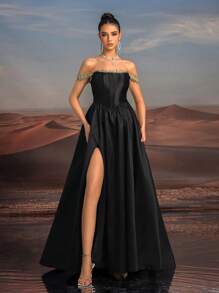 SHEIN Belle Robe de bal élégante et luxueuse avec jupe plissée, corsage en dentelle brodée et perlée avec épaules dénudées (résistante) - Noir - Voir 7