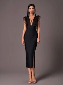 Glamrae 优雅深 V 领羽毛装饰高腰修身紧身绷带礼服，黑色舞会晚礼服，适合婚礼嘉宾、毕业典礼、晚宴