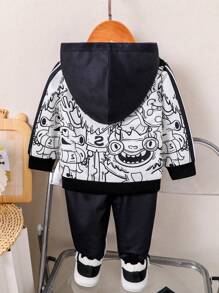 Fall Winter Baby Boys' Cartoon Monster Print Hoodie Sweatshirt & Pants 2pcs Casual Outfit - Black and White - View 2