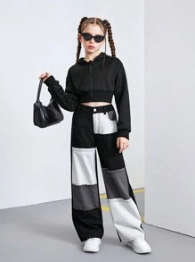 SHEIN Explorewe Tween Girls' Furry Y2K Patchwork Long Denim Jeans - Black and White - View 3