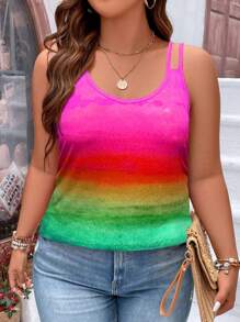 Calvaya Cộng với kích thước đầy màu sắc ombre Casual Loose Spaghetti Strap Top và yếm để mặc ngày lễ - Màu Hồng Tươi - Xem 4