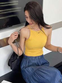 DAZY Solid Color Crew Neck Sleeveless Casual Top Tank Tops - Yellow - View 5