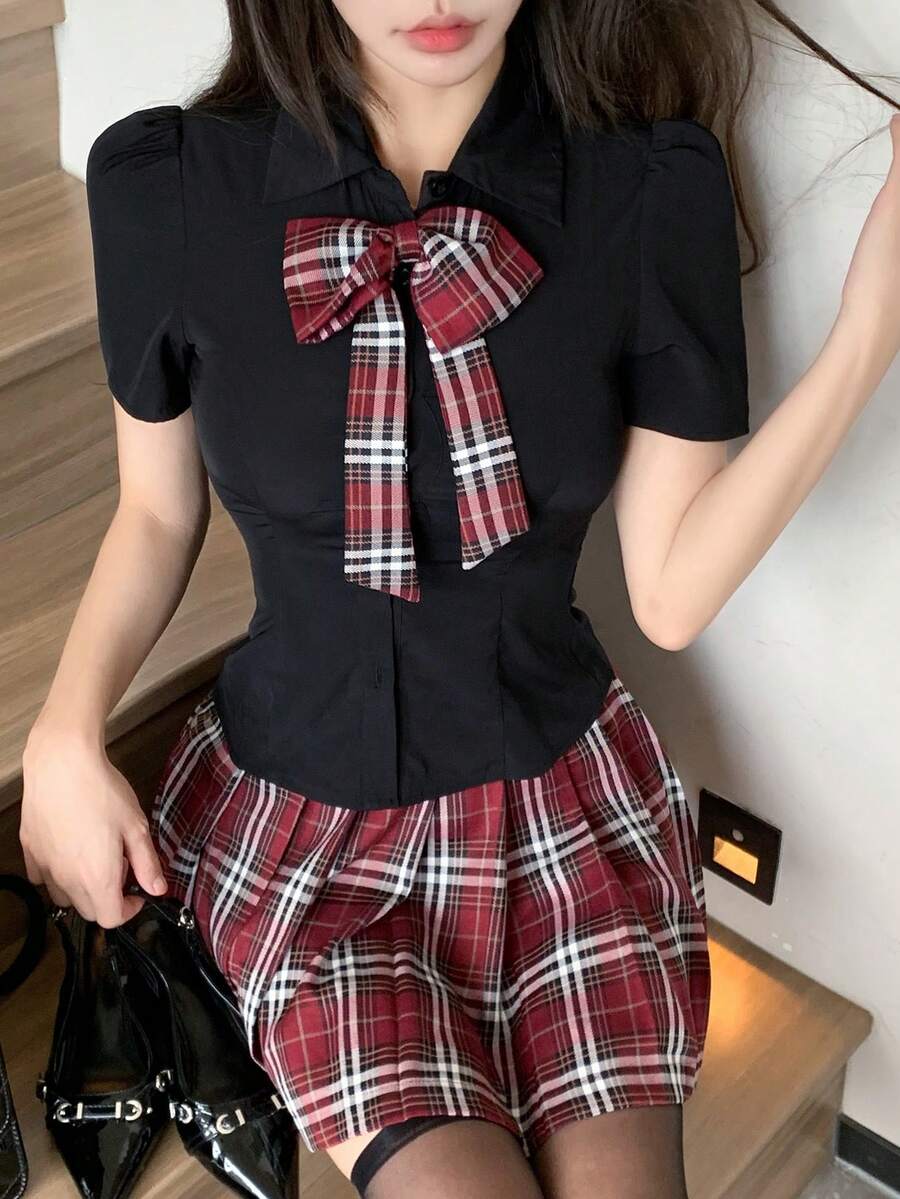 DAZY 2pcs Set Women's Bow Plaid Short Sleeve Shirt And Pleated Mini Skirt, Preppy Style Summer Outfit - Black - View 1