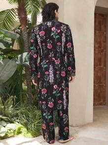 Manfinity Underwear&Sleepwear Basics 男式全图案印花拼布长袖衬衫和裤子家居服套装 - 彩色 - 查看 3