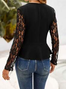 EMERY ROSE Women's Casual Solid Color Lace Patchwork Jacket, Spring Autumn