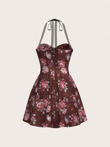 SHEIN X KeniaOs SHEIN ICON Floral Pattern Lace Splice Halter Neck Dress For Women - Brown - View 6