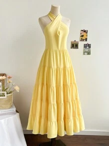 Soleia Váy chữ A xòe nhiều lớp chéo lưng phong cách nghỉ mát cho nữ, dễ thương, giản dị, thanh lịch cho tiệc tùng, trường học, công sở, mùa thu, màu vàng nhạt - Màu vàng - Xem 2