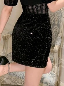 DAZY Back To School Sparkling Sequined Mini Bodycon Skirt For Women Prom Skirting New Years Women Outfit Carnival - Black - View 2