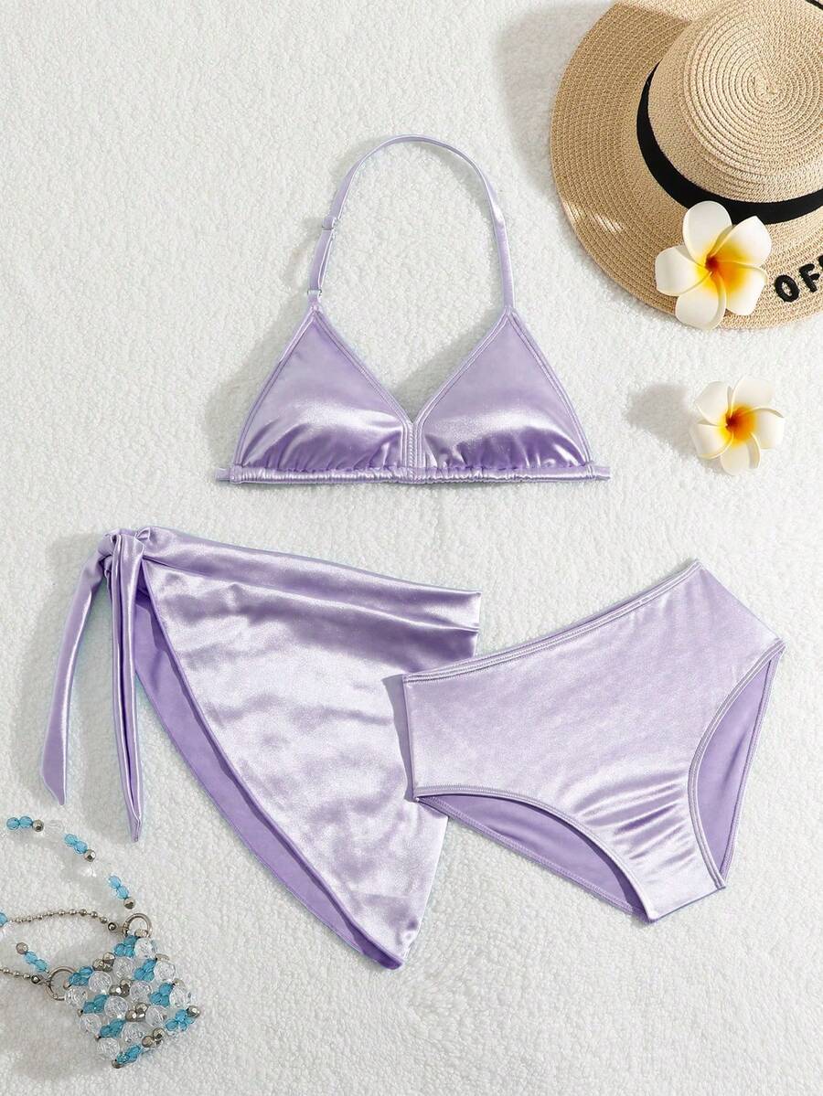Tween Girl Halter Neck Vacation Swimwear Set - Bikini Set Top And Bottom With Tie Swimskirt Summer Beach - Purple - View 1