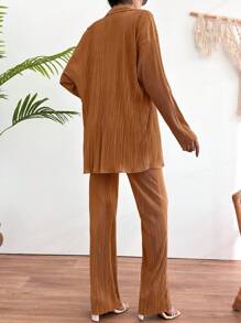 EURMUSE Solid Plisse Two-Piece Outfit - Brown - View 2