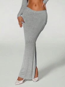 SHEIN ICON Solid Color Low-Waisted Ruched Skirt With Slit Hem