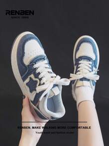 RENBEN 1 par Zapatos de patinaje y mezclilla con parches para mujer, con patrón de estrella vintage desgastado, casuales y cómodos