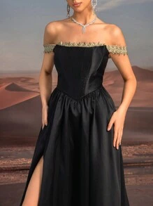 SHEIN Belle Robe de bal élégante et luxueuse avec jupe plissée, corsage en dentelle brodée et perlée avec épaules dénudées (résistante) - Noir - Voir 2